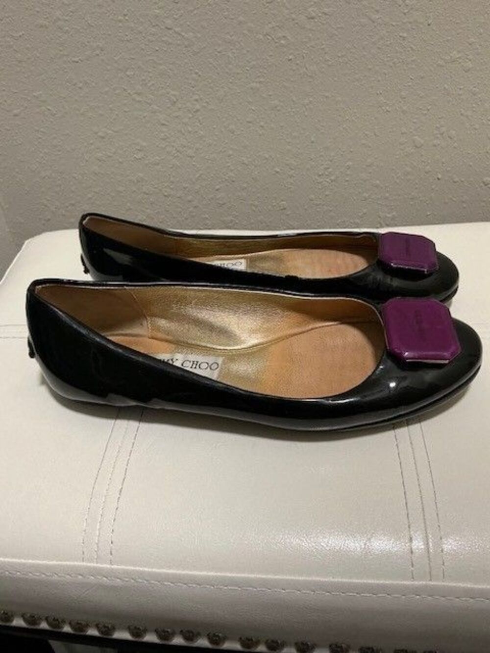 Jimmy Choo Black Patent Leather Ballet Flats with Purple Toe Accent & Heel Logo - Picture 2 of 8